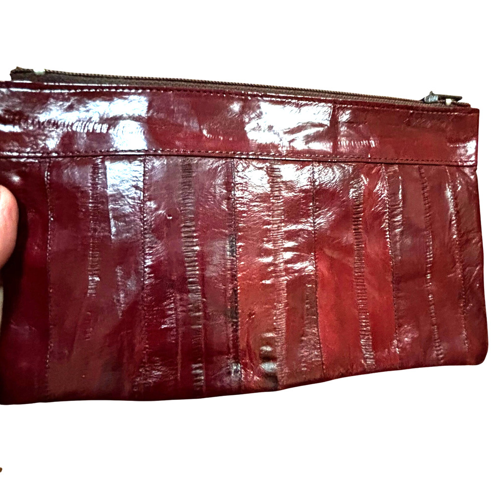 Vintage eel skin leather wallet zipper top pouch deep red slim 1980’s Korea